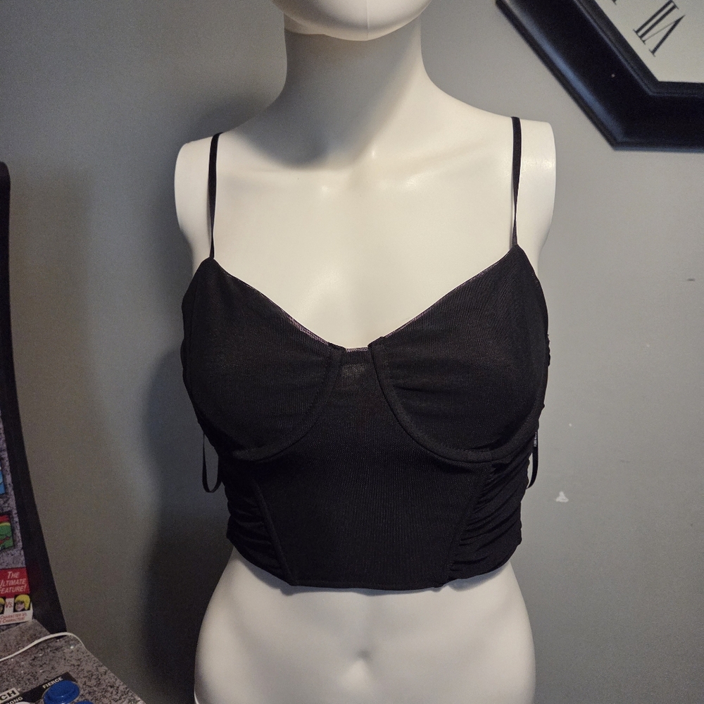 Black Strappy Crop Top/brallette With Corset Back Bnwt Size Small